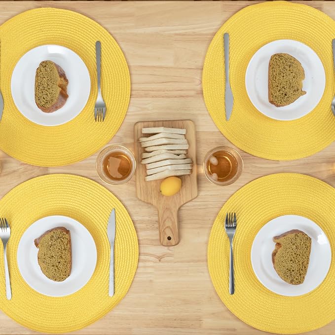 Winknowl Round Braided Placemats Set of 4 Washable Woven Heat Resistant Table Mats for Kitchen Dining Tables 15 inch Round Place Mats (Yellow,4pcs)