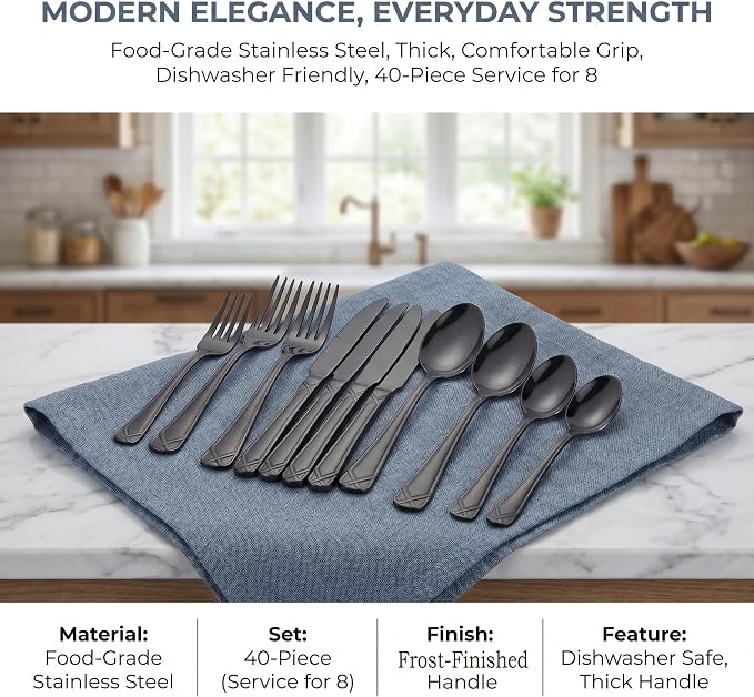 40-Piece Black Silverware Set, Stainless Steel Flatware Set Cutlery Set include Knives, Forks and Spoons Service for 8, Mirror Polished & Dishwasher Safe