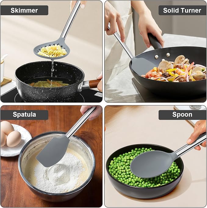 Vayvnt 8 PCS Cooking Utensils Set, Non-toxic Silicone Utensils, Gray | Heat Safe to 480℉, Dishwasher Safe, Stainless Steel Long Handle, Food Grade Silicone, Non Scratch, for Non Stick Cookware