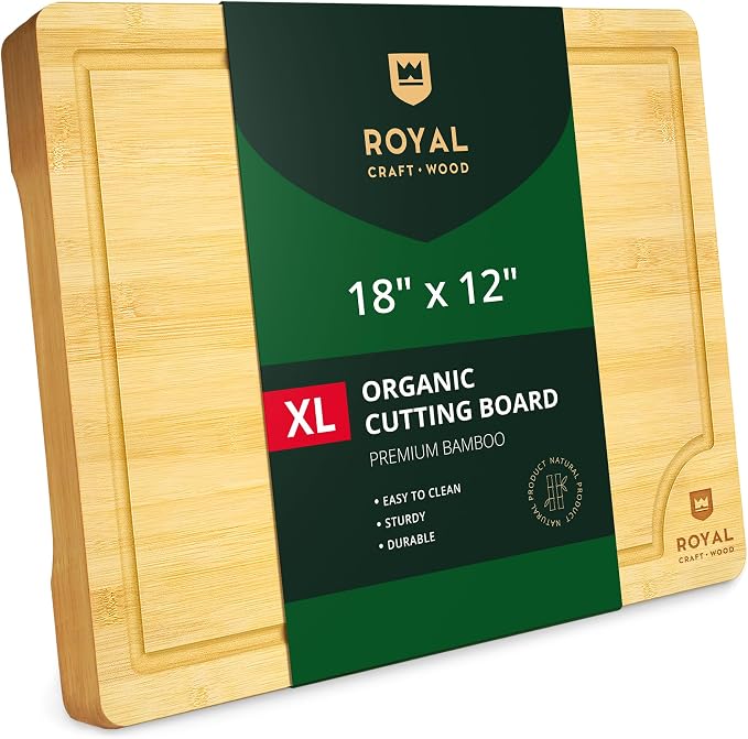 ROYAL CRAFT WOOD Bamboo Cutting Board | with Juice Groove - Kitchen Chopping Board for Meat Cheese and Vegetables, Heavy Duty Serving Tray