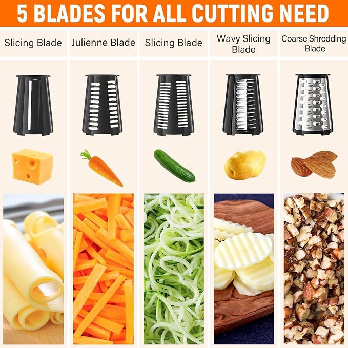 Rotary Cheese Grater Hand Crank, 5-in-1 Vegetable Chopper Spiralizer Slicer | Shredder with 5 Interchangeable Blades for Vegetable, Cheese, Fruit, with Blades Storage Box & Stable Suction Base (Black)