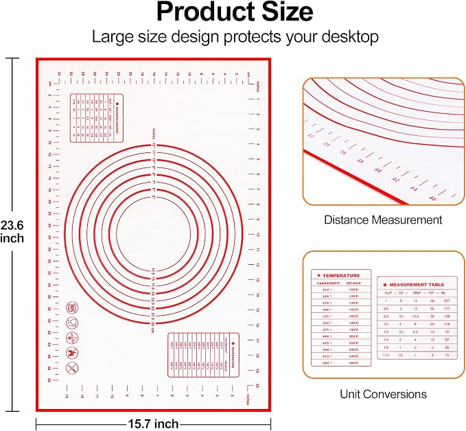 HOOMIL Silicone Baking Mat, 24 x 16 Inch Pastry Mat with Measurements | BPA-Free, Food-Contact Material, Nonstick Baking Mat with Non-Slip Counter Grip, Dishwasher Safe, Rolls for Storage