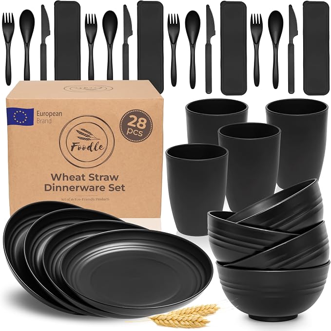 FOODLE Wheat Straw Dinnerware Set - RV, Camping, Picnic Plates Cups & Bowls | BPA-Free & Safety Tested - Microwave & Dishwasher Safe - Lightweight & Unbreakable Dishes - Great for Kids & Adults - For 4