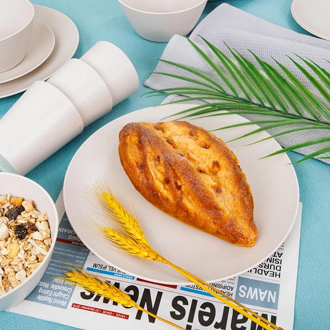 32Pcs Reusable Cream Wheat Straw Dinnerware Plates and Bowls Sets | Unbreakable dishes set for 8 includes plates, bowls, cups, and napkins. Dishwasher safe for daily or outdoor use.