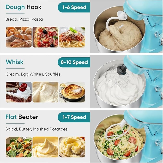 OLIXIS 6.3 Qt Stand Mixer, 10-Speed Tilt-Head Electric Mixer for Baking | Include dough hook, whisk, flat beater & splash lid. 10 speeds handle cakes, cookies & bread dough. Compact, easy-clean bowl