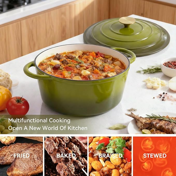 Miereirl 6 Quart Enameled Dutch Oven Pot with Lid, Cast Iron Dutch Oven with Dual Handles for Bread Baking, Cooking, Non-stick Enamel Coated Cookware, Golden Green