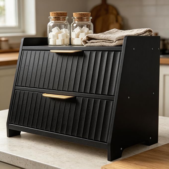 Large Bread Box for Kitchen Counter, Double Layer Wooden Bread Storage Container with Top Shelf, Countertop Organizer Cabinet for Bread, Bagels, Pastries, Coffee Station and Kitchen Essentials (Black)