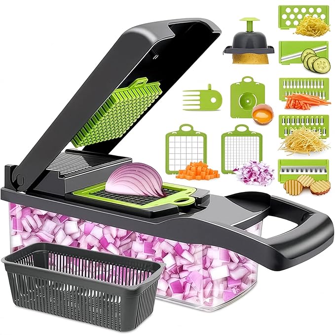 14-in-1 Vegetable Chopper with Container, 6 Blades & Finger Guard | Veggie Chopper with Container and Lid, Cheese Grater & Egg Separator, Dishwasher Safe, Dices Onion, Potato, Chips & Cubes