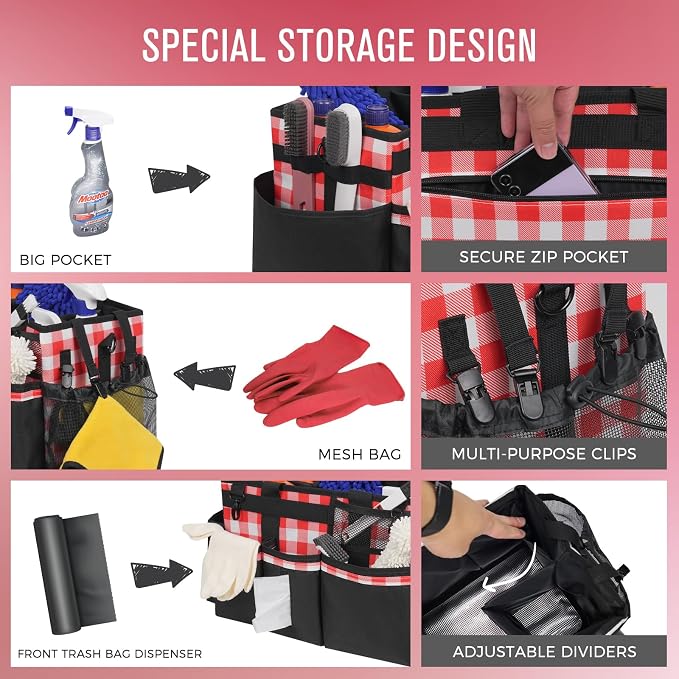 SCAVATA Wearable Cleaning Caddy, Cleaning Caddy Supplies Organizer with Handle & Shoulder Straps for Housekeepers, Under Sink & Car Cleaning Tool Organizers Bag with 4 Foldable Divider (RedPlaid)