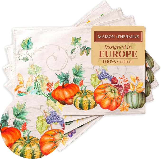 Maison d' Hermine Placemats Set of 4 Reusable 100% Cotton (13"x19") | Cloth Place Mats Washable Table Mats for Kitchen Dining Party Wedding Hotel Home Thanksgiving Christmas - Lumina