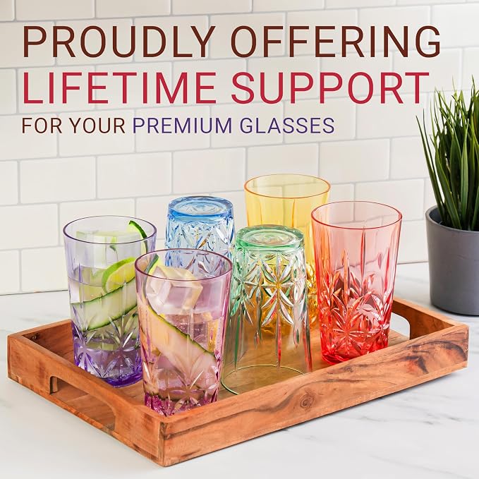 Bravario Royal Plastic Drinking Tumbler, Premium Quality Water Glasses, Dishwasher-Safe BPA-Free Durable Mixed Colors Assorted Stackable Cups, 18 oz Set of 6