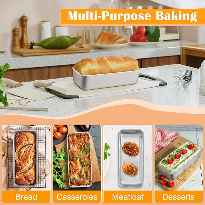 E-far Loaf Pan for Bread Baking-4 Pack, 12” x 5” Stainless Steel Loaf Pans | Large Long Metal Baking Tins for Homemade Bread, Banana Cake Meatloaf Sourdough Lasagna, Nontoxic & Dishwasher Safe