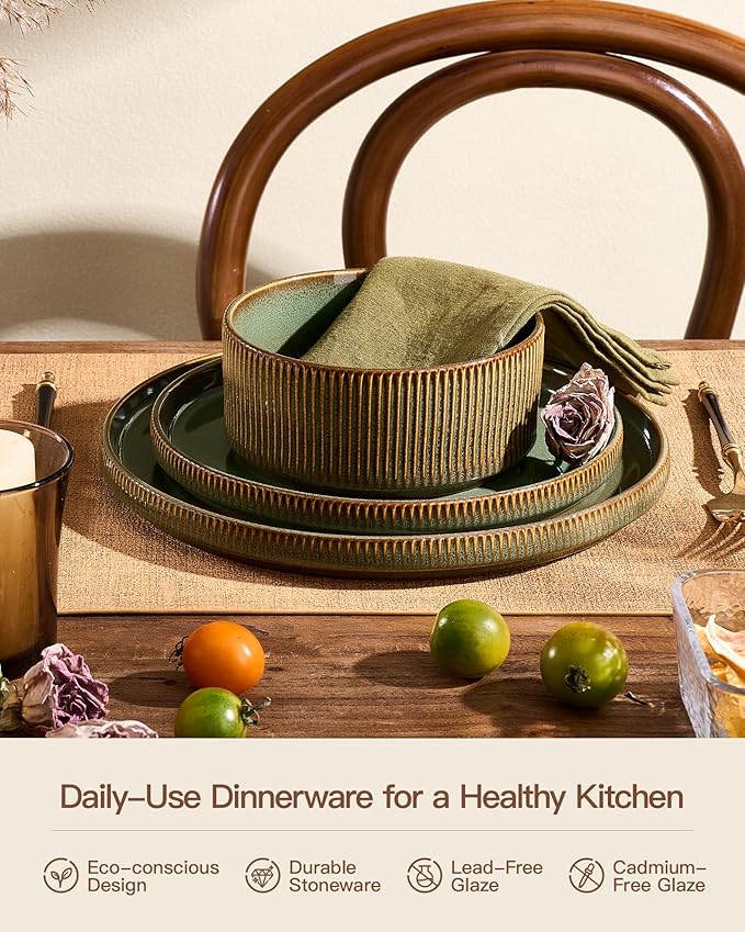 Stoneware Dinnerware Set for 4, Reactive Glaze, Moss Green | 12-Piece Everyday Ceramic Plates and Bowls, Handmade Ribbed Dish Sets, Microwave & Dishwasher Safe, Chip & Scratch Resistant