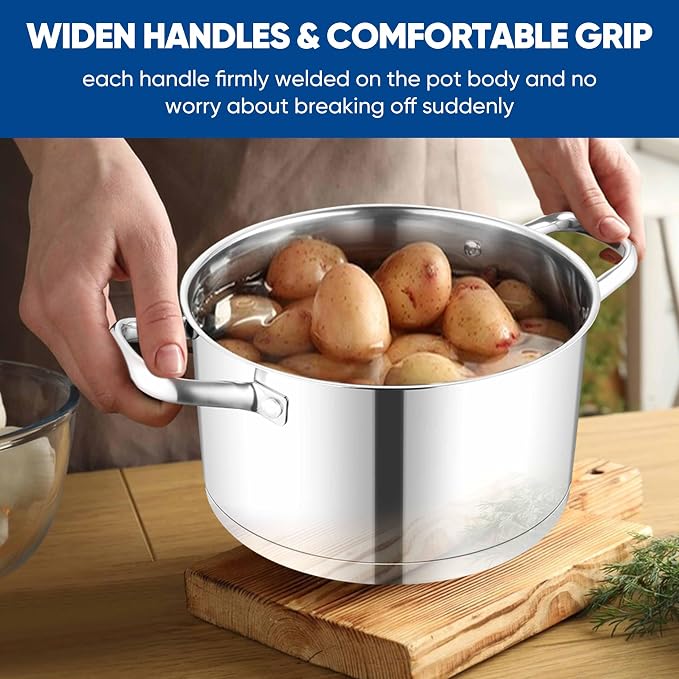 TeamFar 5 QT Stock Pot, Tri-ply Bottom Stainless Steel Stockpot | Cooking Soup Pasta Pot with Lid for Gas/Induction/Electric Stoves, Non-toxic & Heavy Duty, Double Handles & Dishwasher Safe
