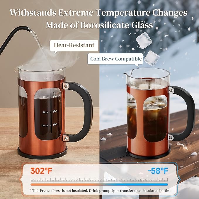 Veken French Press Coffee Maker,No Plastic Touching Cafe,34oz 1L Cafetera | Heat Resistant Thickened Borosilicate Glass Stainless Steel Brewer,Pot for Kitchen,Travel,Camping,Tea,Gifts,Copper