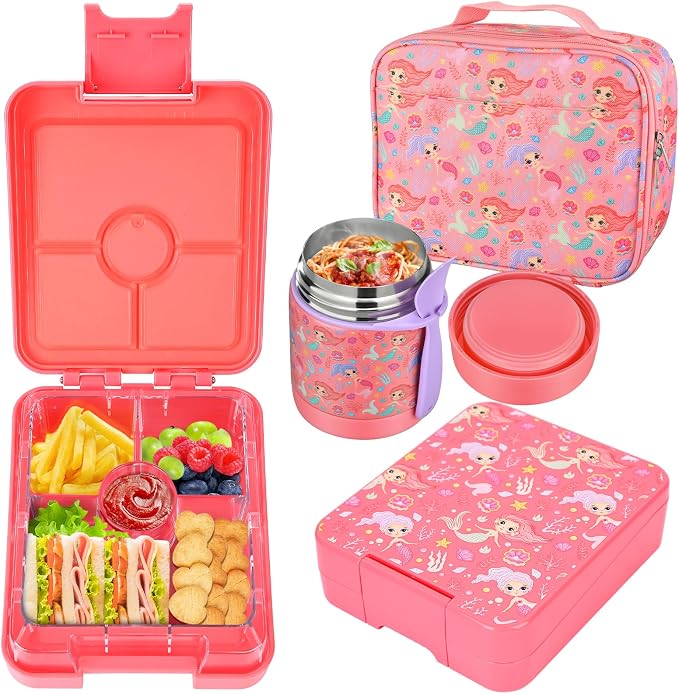 Bento Lunch Box Set for Kids with 10oz Soup Thermo, Leak-Proof Lunch Containers with 4 Compartment, Kids Thermo Hot Food Jar and Insulated Lunch Bag for Kid to School,BPA-Free(Mermaid)