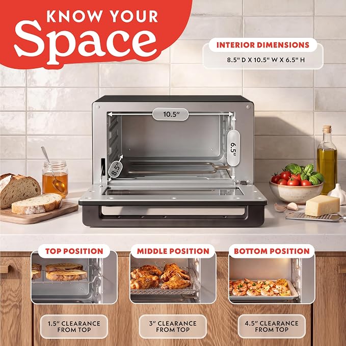 Gourmia Toaster Oven Air Fryer - 4 Slice Capacity, Single Door, Digital Display, Air Fry, Toast & Dehydrate, Convection Cooking, Fits 8” Pizza, 3 Rack Positions, Dishwasher-Safe Trays, Black