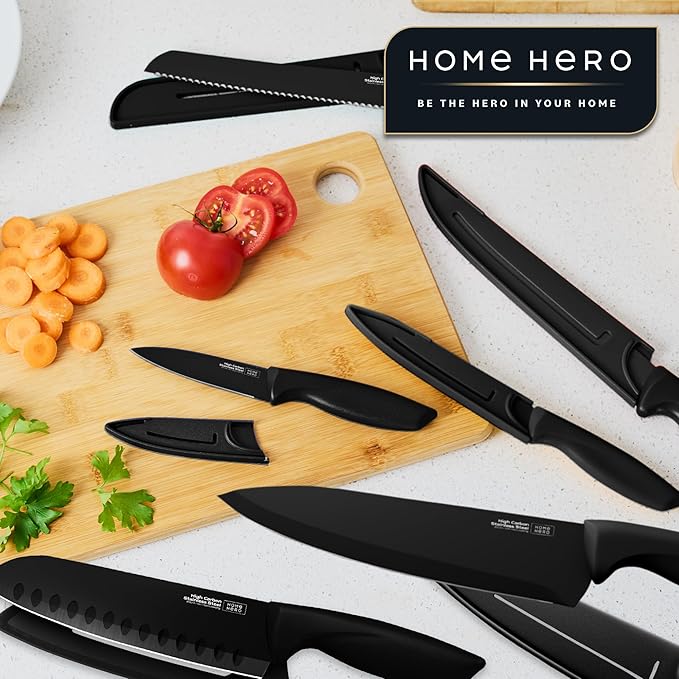 Home Hero High Carbon Stainless Steel Knife Set - Chef Knife Set Precision Slicing & Versatility - Nonstick Ceramic Coated Blades & Easy Cleaning - Ergonomic Handles & Secure Grip - 12-Piece, Black | High Carbon Stainless Steel Chef Knife Set - Ceramic...