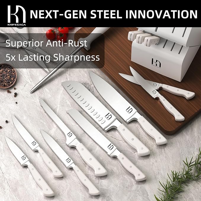 KnifeSaga 15-pc Japanese Kitchen Knife Block Set, Razor Sharp, Professional | Innovative Steel, High Carbon Stainless, Enduring Sharpness, Ergonomic Handle, Quality Acacia Wood Block, Full-tang, Gift Box