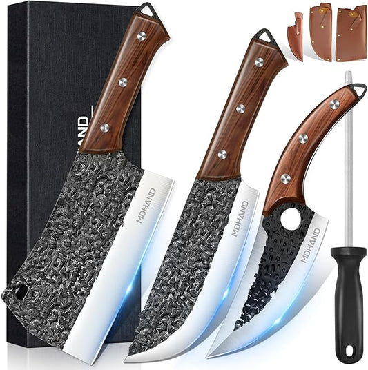 Butcher Knife Set, Hand Forged Meat Cleaver Knife Gift for Men | High Carbon Steel 8PCS Kitchen Knife Set with Sharpener, Ergonomic Handle, Chef Knives Sets for Kitchen Outdoor Cooking BBQ