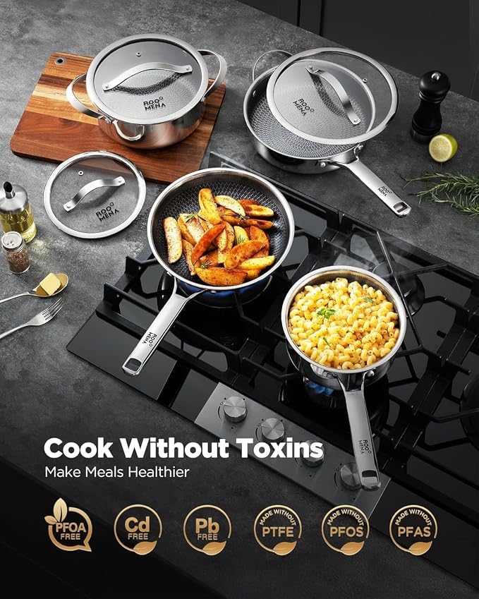 Nonstick Frying Pan Set, Non-Toxic Tri-Ply Hybrid Ceramic Skillet 3 Piece, 8, 10 & 12 Inch Stainless Steel Pans, PFAS/PFOA/PTFE Free, Metal Utensil Safe, Dishwasher & Oven Safe, Upgraded Version