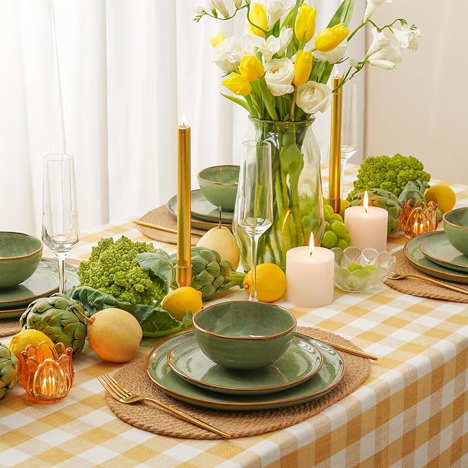 Stoneware Dinnerware Sets for 4, Reactive Glaze Plates and Bowls, Green | 12-Piece Handcrafted Rustic Porcelain Dishes Set, Highly Scratch Resistant, Dishwasher & Microwave Safe