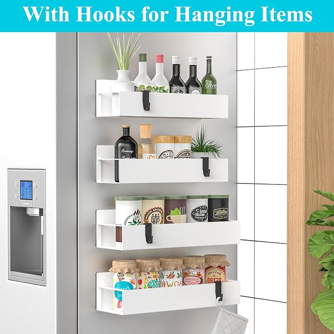 Metal Magnetic Spice Rack for Refrigerator with Hooks White | Magnetic Shelves Heavy Duty for Fridge in Kitchen, Seasoning Storage Organizer, For Oven Washer and Dryer, For Heavier Items