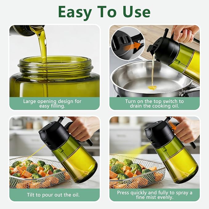 Olive Oil Sprayer & Dispenser Bottle for Cooking, Air Fryer, BBQ, and Salad – 2-in-1 Oil Mister Kitchen Accessory (Black)