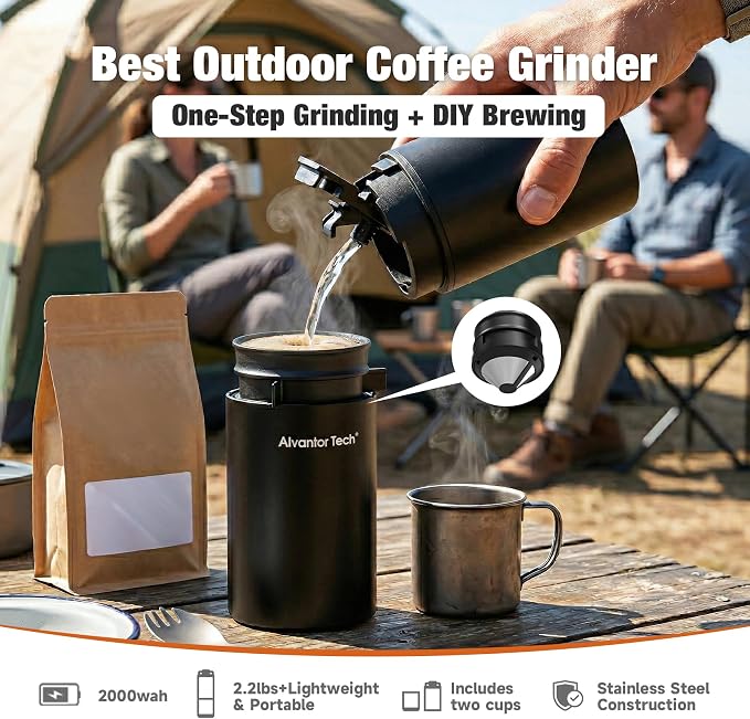 2-in-1 Portable Electric Burr Coffee Grinder - Grind & Brew, 38 Adjustable Settings, Ceramic Alloy Burrs, Rechargeable, with Cups, Filter & Lid for Home, Travel & Camping