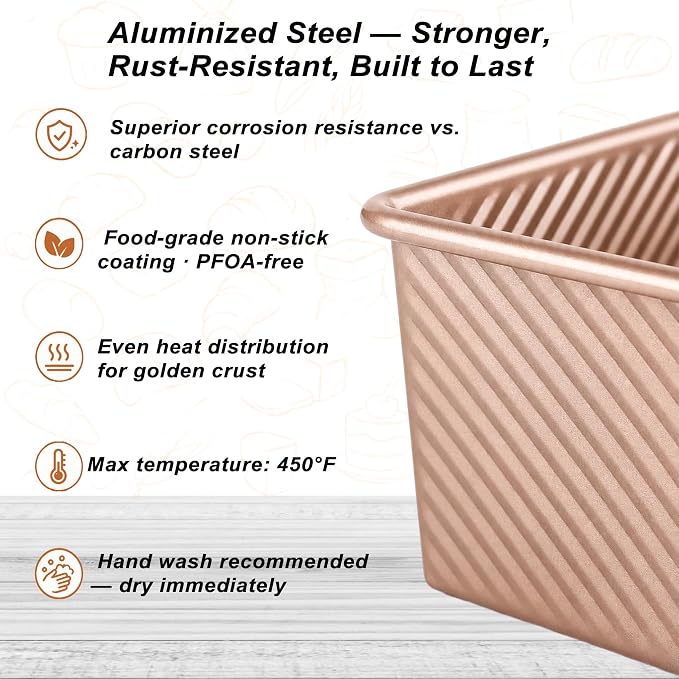 Pullman Loaf Pan with Lid, Aluminized Steel 1 Lb Nonstick Sandwich Bread Pan for Homemade Bread, 8.4x4.8 Inch Professional Rectangular Loaf Pan with Dough Scraper and Cutter