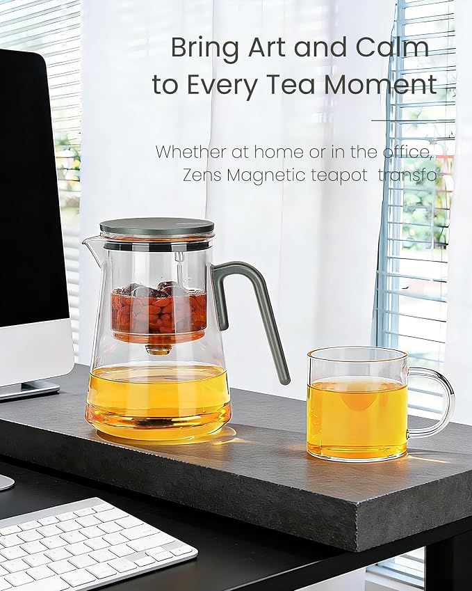 ZENS Magnetic Glass Infuser Teapot with 2 Cups for Loose Tea Steeper, 34oz | Magic Glass Teapot with Infusers for Loose Tea Steeper, Echanted Tea Pot for Herbal Tea Lovers, Dark Green