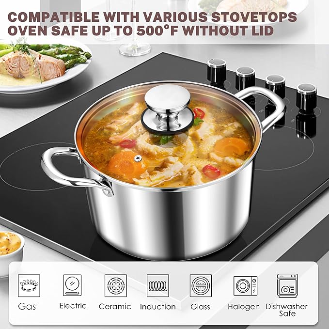 Herogo 7.3 Quart Stock Pot, 18/10 Stainless Steel Cooking Pot with Lid, 7.3 QT Pasta Stockpot with Handles, Tri-Ply Stockpot for Induction Gas Electric Stove, Dishwasher Safe