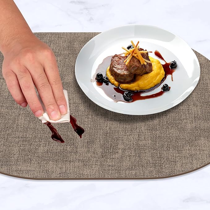 Placemats Set of 6 - Washable Heat Resistant Table Placemats - Wipeable Faux Leather Oval Place Mats, Waterproof Table Mats for Dining Table, Dark Brown