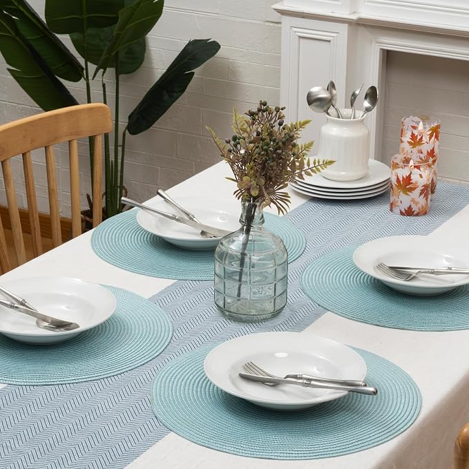 Winknowl 15 Inch Round Braided Placemats Set of 6, Washable Cotton Polyester Table Mats, Heat Resistant Non-Slip Place Mats for Kitchen Dining Table Decor (Light Blue,6pcs)