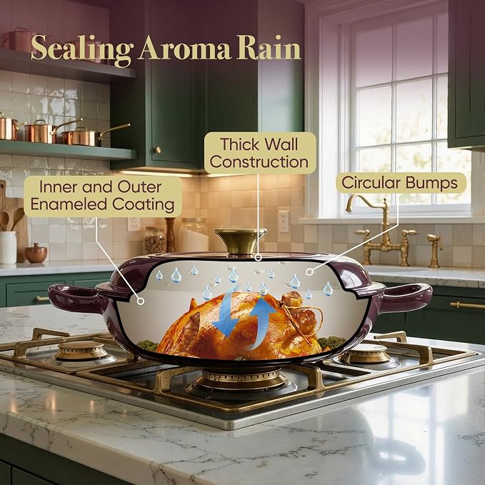 3 Quart Enameled Cast Iron Braiser, Non Stick Enameled Cast Iron Skillet with Lid, Dutch Oven Skillet with lid up to 500°F for Oven, Stove, Grill, Shallow Dutch Oven for Cook, Bake (Fig)