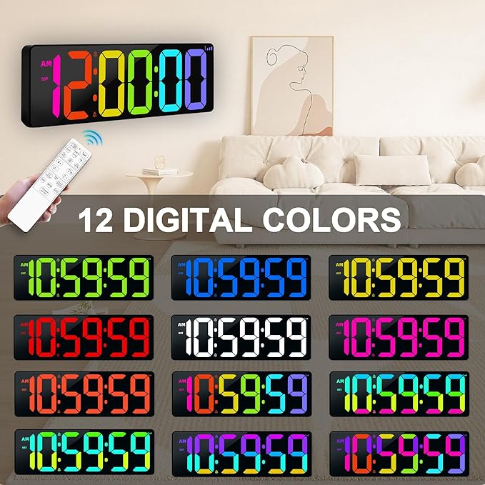 17.2" Bluetooth Digital Wall Clock with Seconds, Large Countdown Timer for Classroom Home Gym Kitchen Office, Alarm Clock with Remote Control, 4 Dimmable Brightness, Auto DST (RGB)