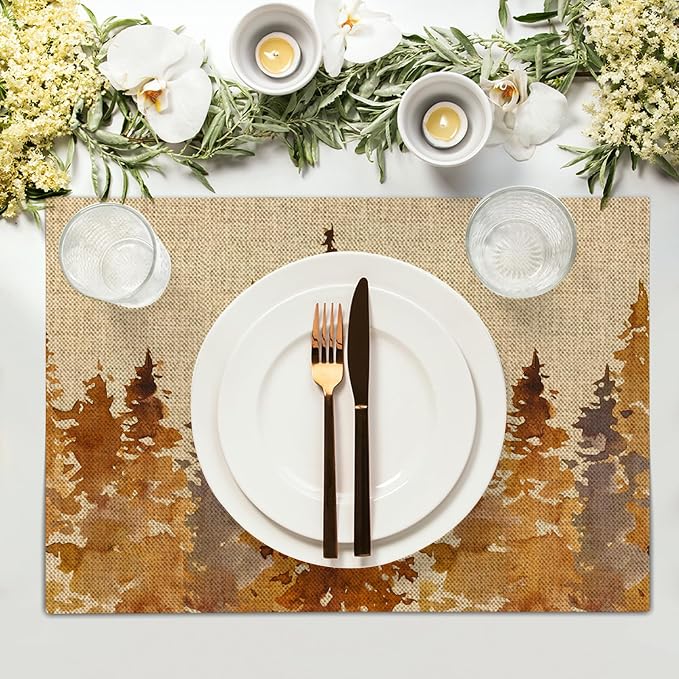 Fall Tree Placemats Set of 6 18x12 Inch Autumn Forest Linen Place Mats Heat-Resistant Washable Wipeable Orange Pine Tree Table Mat for Party Kitchen Dining Room Dinner Table Decor