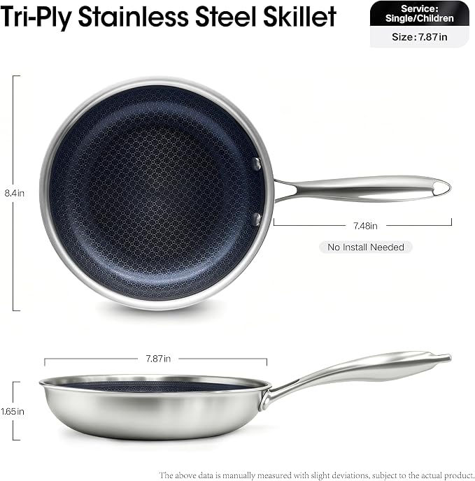 BRASA Nonstick Frying Pan 7.87-inch,Tri-Ply Stainless Steel Skillet,Honeycomb Ceramic Coating, Induction & All Cooktop Compatible,Dishwasher safe (PFOS, PFOA Free) 7.87 in