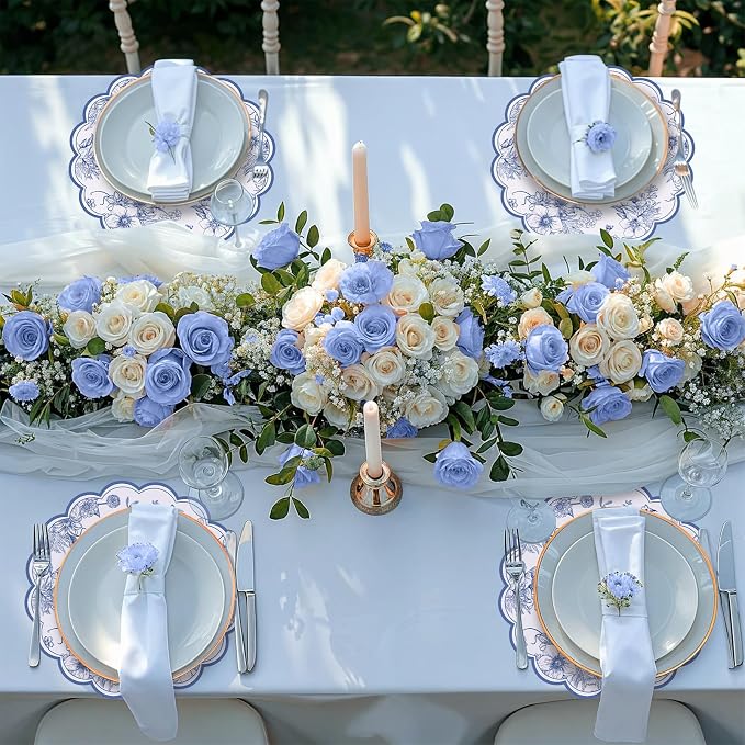 60 Pcs Blue Floral Paper Placemat, 13.5 Inch Disposable Scalloped Table Mat | Wedding Placemats, Vintage Floral Banquet Place Mats for Table Setting Wedding Bridal Tea Party Wildflower Party Decor