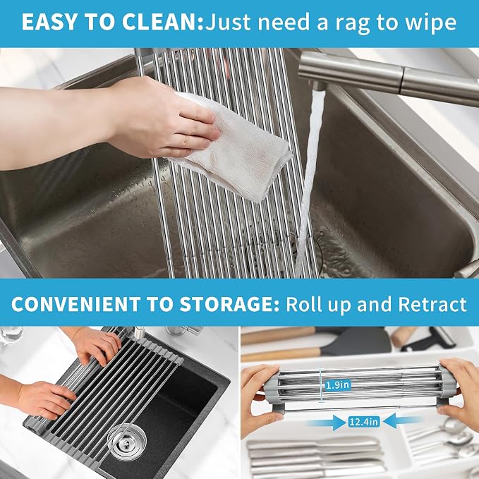 Expandable Roll-UP Dish Drying Rack-Large 304 Stainless Steel Dish Drainer Over The Sink for Kitchen Countertop,Extendable & Rollable & Food Grade (Silver,22.08'x 13.2')