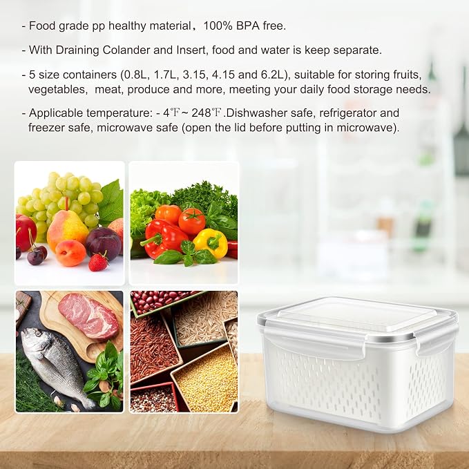 10 PS Fridge Food Plastic Storage Container with Colander | Fresh Produce Saver Keeper for Vegetable Fruit Berry Salad Lettuce Meat Fish, BPA Free Kitchen Refrigerator Organizer Bins