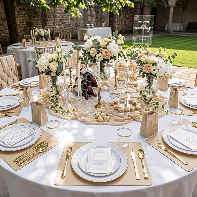 KIRE 175PCS Gold Plates Disposable - Heavy Duty White and Gold Plastic Plates Dinnerware Sets - 25 for Dinner 25 for Dessert 25 Pre Rolled Napkins and 25 Cups for Birthday/Wedding/Party