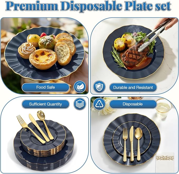 Glowserve 175 Piece Disposable Plastic Plates Dinnerware Set for 25 Guests | 50 Plastic Plates,25 Silverware Set,25 Cups and Napkins,Wedding Birthday,Family Party,Fancy Plastic Plates