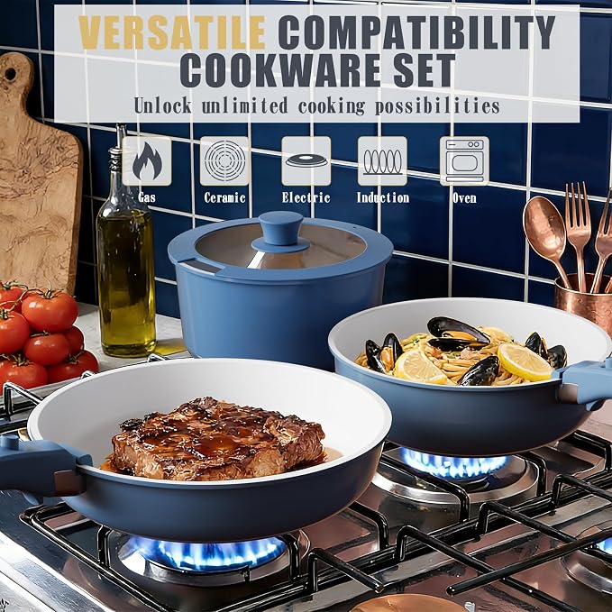 Umite Chef Pots and Pans Set Non Stick, 21 pcs Ceramic Cookware Set with Detachable Handles, Healthy Induction Cookware, RV Kitchen Cooking Set, with Utensils & Frying Pans Set, PFAS PFOA & PTFE Free