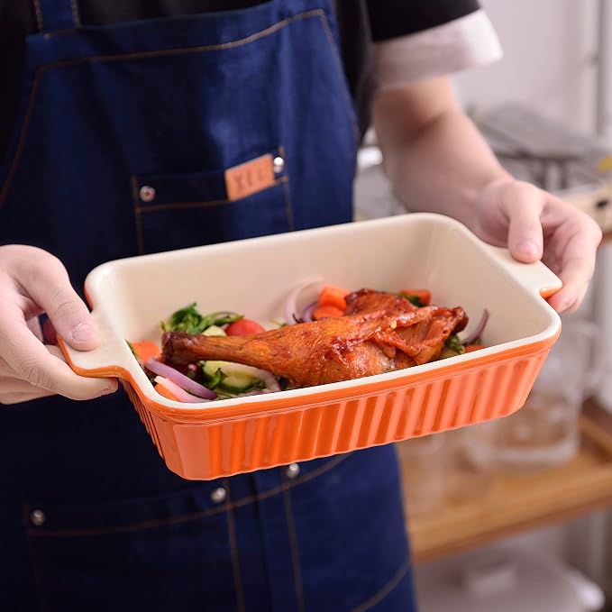 MALACASA Casserole Dishes for Oven, Ceramic Baking Dishes Set of 4,Orange | Rectangular Lasagna Pans Bakeware for Roasting Vegetable, Gratins, Gift Set, Oven Dishwasher Safe (9.4/11.1/12.2/14.7")