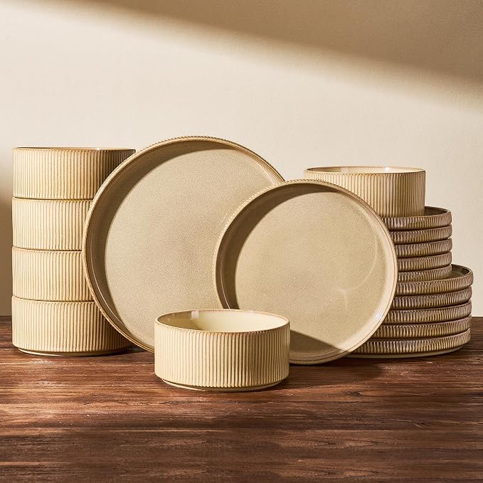 Dinnerware Set for 6, Ceramic Ribbed Plates, Bowls, Dishes | 18-Piece Stoneware Dinner Sets, Handmade Reactive Glaze, Microwave and Dishwasher Safe, Chip and Scratch Resistant, Cream