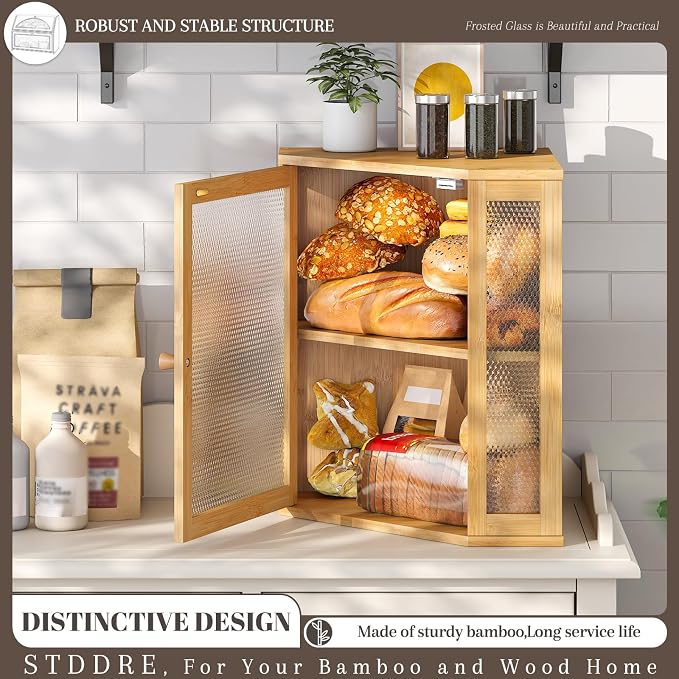 STDDRE Corner Bread Box Kitchen Countertop Extra Large Capacity Farmhouse Bread Box, Corner Countertop Storage, Double Layer Bread Holder (Natural, Extra Large)