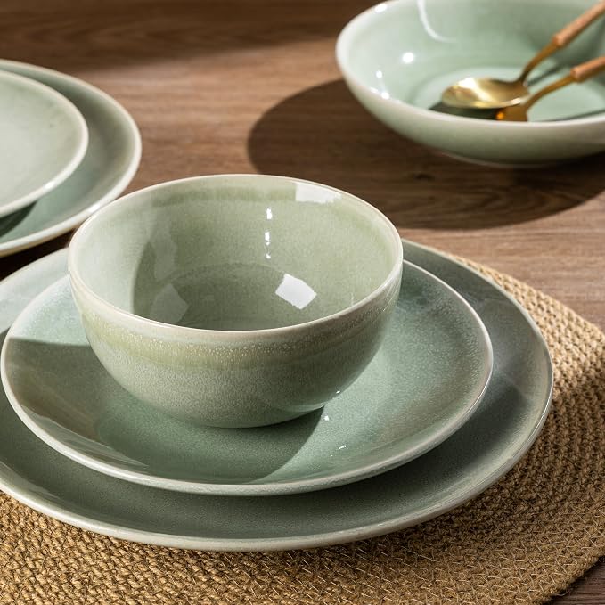 GBHOME Dinnerware Sets for 6, 24 Pieces Ceramic Plates and Bowls Set | Scratch Resistant Stoneware Dishes Set, Dishwasher & Microwave Safe, Reactive Glaze-Light Green