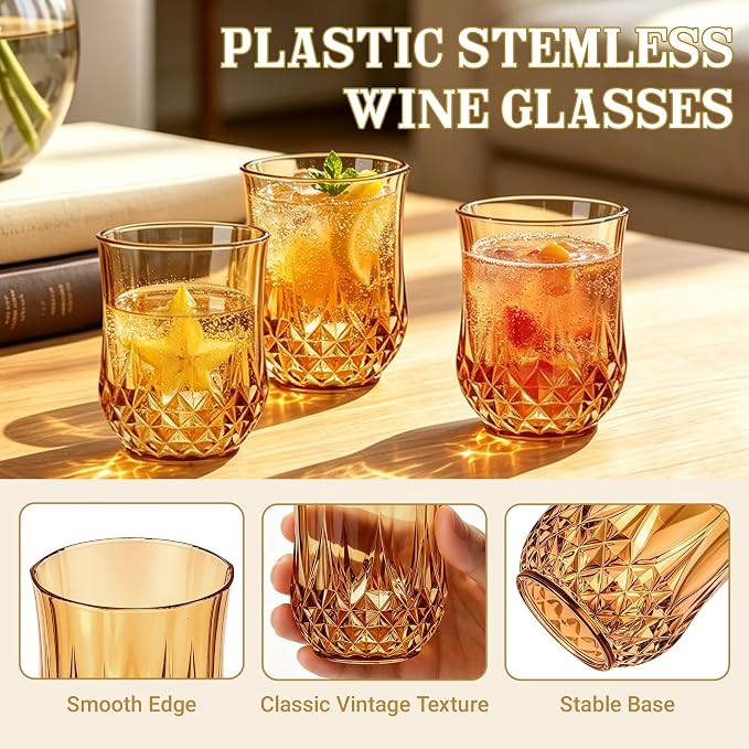 24 Pack 12 Oz Plastic Stemless Wine Glasses, Amber | Unbreakable, Reusable, Elegant Vintage Design, Fancy Cocktail Cups, Whiskey, Champagne, Wedding, Party, Bars, Holiday Events