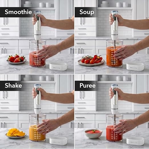 OVENTE Cordless Hand Blender, Rechargeable with 8 Mixing Speed White HR781W | 200 Watts Handheld Portable Stick Mixer, One-Touch Control and Stainless Steel Blades for Smoothies, Shakes or Soups
